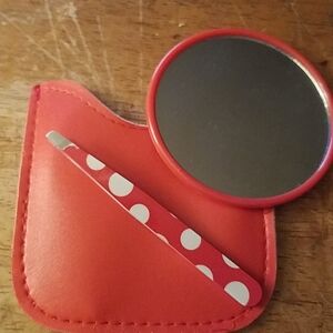 Red Polka Mirror, Tweezers in Case 3"